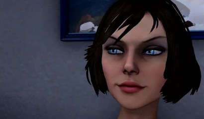 Futanari brunette Elizabeth Comstock wants sex and fucks herself in the mouth