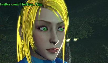 Blonde Samus Aran gives herself to a scary monster in the forest