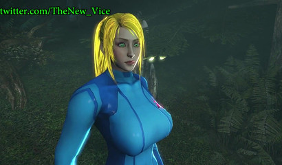 Blonde Samus Aran gives herself to a scary monster in the forest