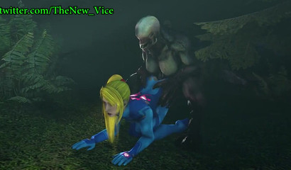 Blonde Samus Aran gives herself to a scary monster in the forest