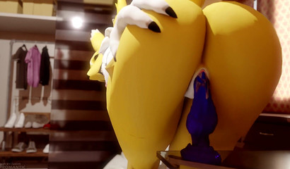 Digimon Renamon rides a dildo with a wet cunt