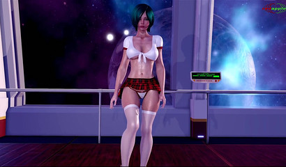 A cartoon slut in a skirt dances a striptease and sits on your booty cock