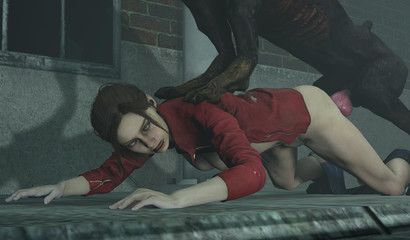 Zombie dog raped brunette Claire Redfield on a mission, Resident Evil porn