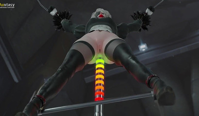 BDSM porn cartoon with bound YoRHa 2B and sex machine