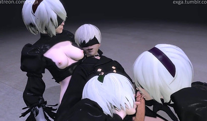Clones 2B arranged group sex with handsome 9S