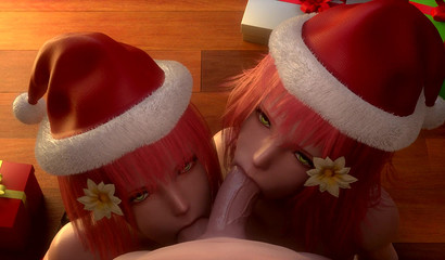 Dos chicas dulces en sombreros de Navidad hacen mamada POV