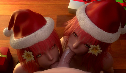 Dos chicas dulces en sombreros de Navidad hacen mamada POV