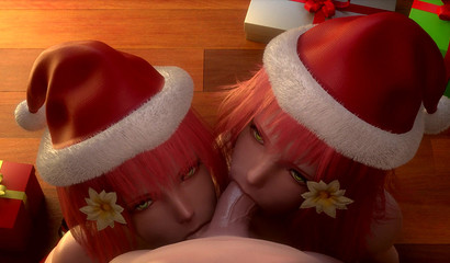 Dos chicas dulces en sombreros de Navidad hacen mamada POV