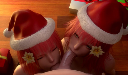 Dos chicas dulces en sombreros de Navidad hacen mamada POV