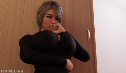 Ebony nurse jerking off client's big futa-cock between legs