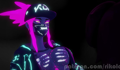 Neon sex in cowgirl position between Akali and Futa Evelynn