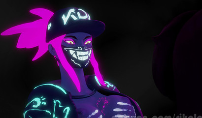 Neon sex in cowgirl position between Akali and Futa Evelynn
