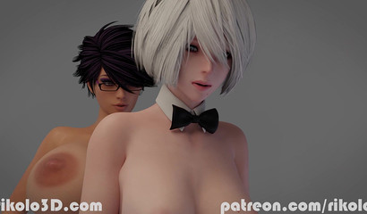 Futa Rebecca in glasses fucks standing with 2B in bunny outfit