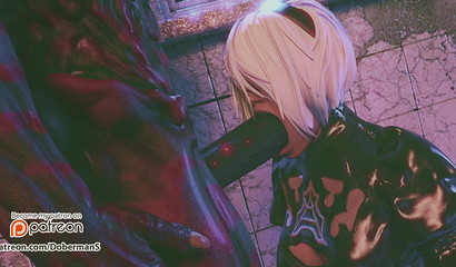 YoRHa 2B make deep blowjob scary big monster