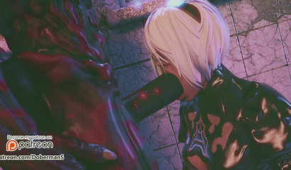 YoRHa 2B make deep blowjob scary big monster