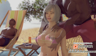 Блондинка Майя трахается с черным незнакомцем на пляже, пока муж спит рядом с