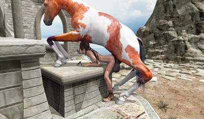 Petite brunette cutie Lara takes huge horse cock from behind