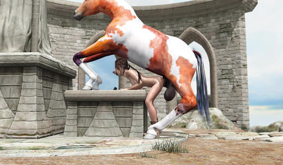 Petite brunette cutie Lara takes huge horse cock from behind