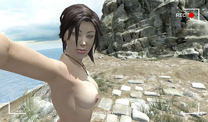 Beauty Lara Croft with buttplug in ass shows her big tits