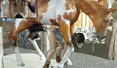 Horny horse with big balls gets butt fucked by beauty Lara Croft