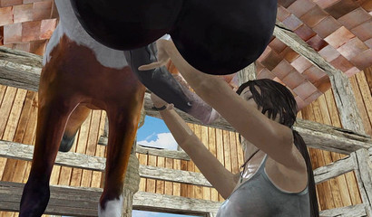 Hot bitch Lara Croft jerks off a horse cock and licks big balls