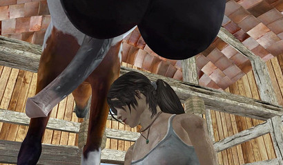 Hot bitch Lara Croft jerks off a horse cock and licks big balls