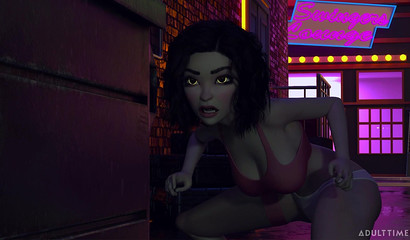 Werewolf girl fucks in a dark alley with futa beauty