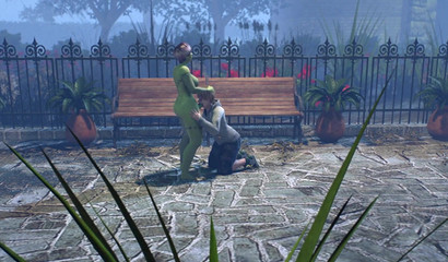 Brother and sister with futanari cock fuck each other outdoors on Halloween