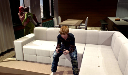 Teen boy watches his step sister fuck with futa ebony GF on Halloween