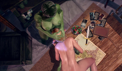 Two big futa orcs at the same time fucking a seductive elf on the table