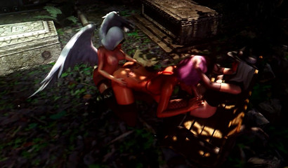 Futa Angel, Succubus and Witch have a great outdoor threesome