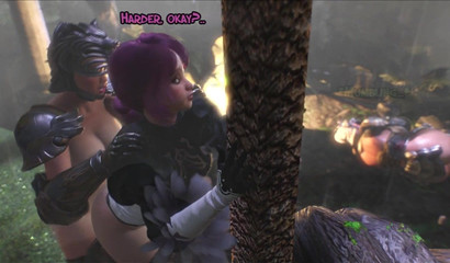 Seductive warrior with futanari cock fucks warrior girl in the rain