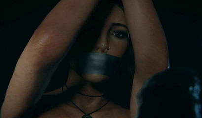 Fast sex machine fucks tied up Lara Croft in her big pussy