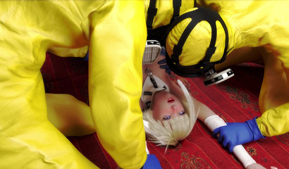 An infected medic fucks a girl on the floor during a zombie apocalypse