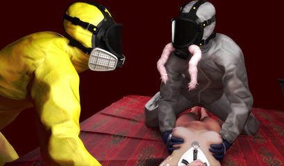 An infected medic fucks a girl on the floor during a zombie apocalypse