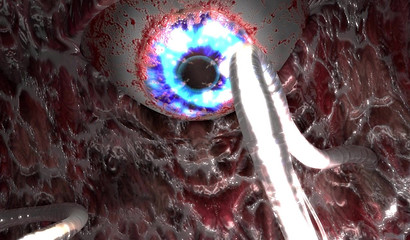 One-eyed monster shoves tentacles in the girl's cunt and fills her with sperm