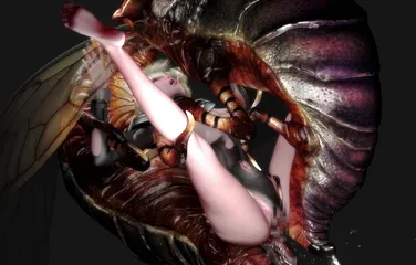 Two giant wasps and their larvae roughly fuck a girl