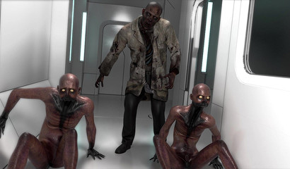 Scary zombies with long tongues lick screaming girl's pussy