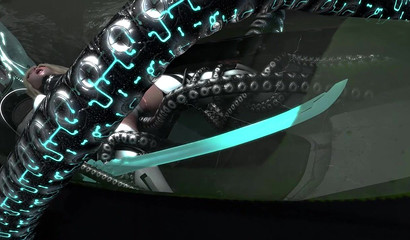 Warrior girl with big sword got long tentacles in her wet pussy