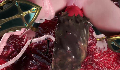 Monster with huge tentacles fucked in all holes and filled the girl with sperm