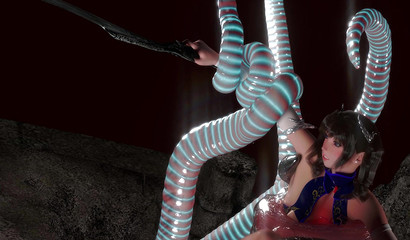 Ugly giant toad with tentacles rape fucked a warrior girl with a sword