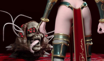 Paladin in sexy armor fight with scary monster with skull instead of head