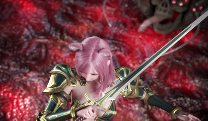 Paladin in sexy armor fight with scary monster with skull instead of head