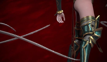 Paladin in sexy armor fight with scary monster with skull instead of head