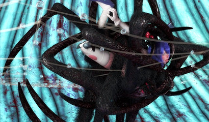 Big spider put little spiders in the pussy of a tied girl