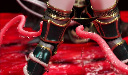 Red tentacles puts in pussy and asshole with tied warrior girl
