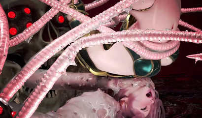 Many-faced huge monster shoves long tentacles in warrior girl's pussy and ass