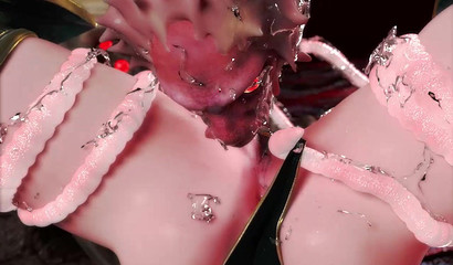 Many-faced huge monster shoves long tentacles in warrior girl's pussy and ass