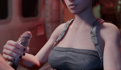 Jill Valentine jerks off guy's dick in the subway and gets a facial
