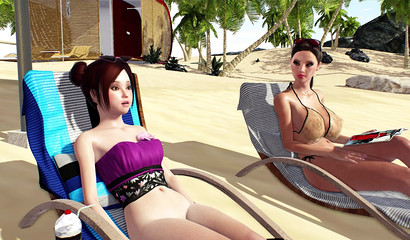 Madrastra muestra hermosas tetas grandes a su hijastra en la playa